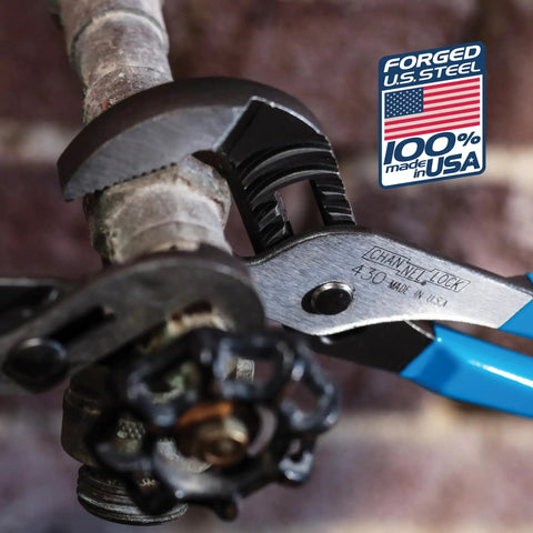 Versatile 10 Inch Tongue And Groove Pliers With Straight Jaw For Plumbing, 100% made in USA, shown gripping pipe