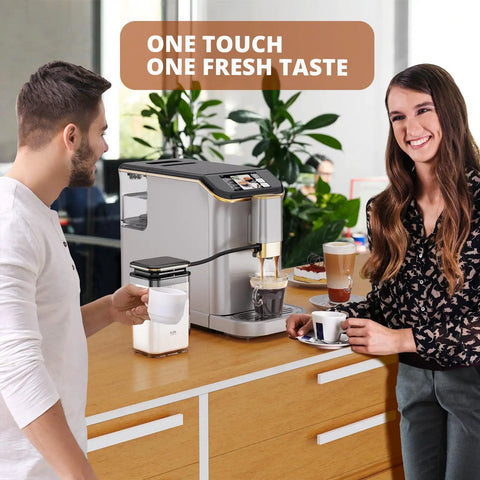 Fully Automatic Espresso Coffee Machine With 20 Bar Pump And 15 Adjustable Grind Settings Featuring A Built In Milk Frother Tft Touchscreen in use with people enjoying coffee.
