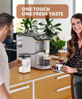 Fully Automatic Espresso Machine With Built In Conical Burr Grinder And Integrated Milk Frother One Touch Display, brewing coffee in kitchen.