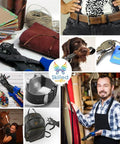 Collage featuring Pro Grade Belt Hole Punch Set With Ruler And Awl in various leather crafting applications.
