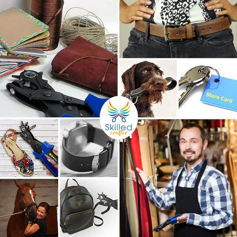 Collage featuring Pro Grade Belt Hole Punch Set With Ruler And Awl in various leather crafting applications.