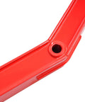 Red Rear Radius Arms For Polaris RZR XP 1000 And XP 4 1000 Beefy Heavy Duty Steel With Adjustable Heim Joints, High Clearance, Boxed Design For Maximum Tire Grip, Precise Suspension Geometry And Smoother Off Road Handling. close-up of red steel rear radius arm with mounting hole