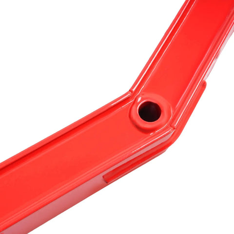 Red Rear Radius Arms For Polaris RZR XP 1000 And XP 4 1000 Beefy Heavy Duty Steel With Adjustable Heim Joints, High Clearance, Boxed Design For Maximum Tire Grip, Precise Suspension Geometry And Smoother Off Road Handling. close-up of red steel rear radius arm with mounting hole