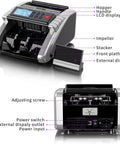 Front and back view of Money Counter Machine With Value Count And Fake Bill Detection For Dollar And Euro, UV MG IR display