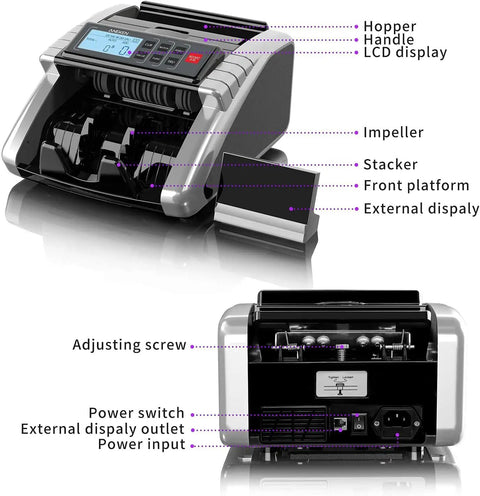 Front and back view of Money Counter Machine With Value Count And Fake Bill Detection For Dollar And Euro, UV MG IR display
