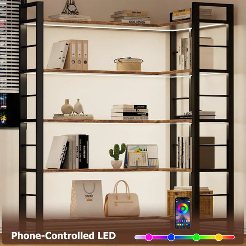Sixty Five X Fifty L Shaped Bookshelf With Five Tier LED Accent Lighting showcasing open compartments and decorative items.