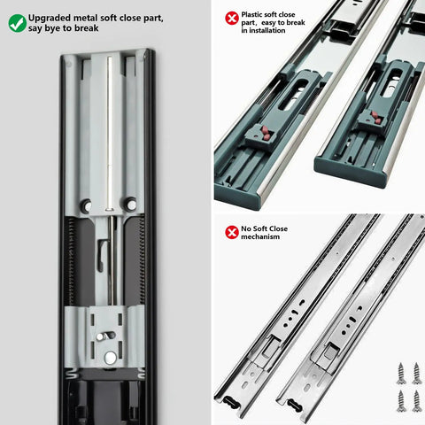 Upgraded soft close mechanism for 10 Pair Heavy Duty 22 Inch Soft Close Drawer Slides with metal parts for durability.