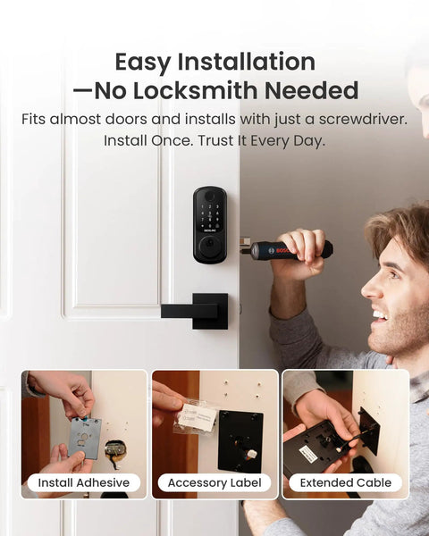 Installation of Fingerprint Smart Lock Dope With Two Lever Handles Keyless Front Door Entry Set demonstrated on a door.
