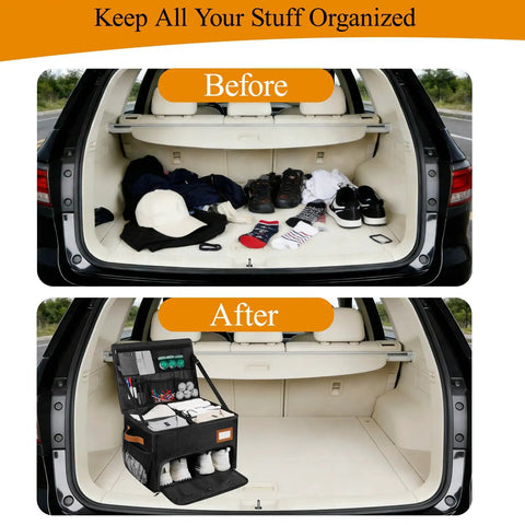 Car trunk with before and after views using a 2 Layer Golf Trunk Organizer With 2 Shoe Compartments, Waterproof Golf Gear Storage Organizer