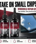 Windshield Crack Repair Kit 2 Pack Straight Up Solid Auto Glass Fix Tool That Smooths Out Chips Clean and saves serious bucks, showing two bottles of repair resin.
