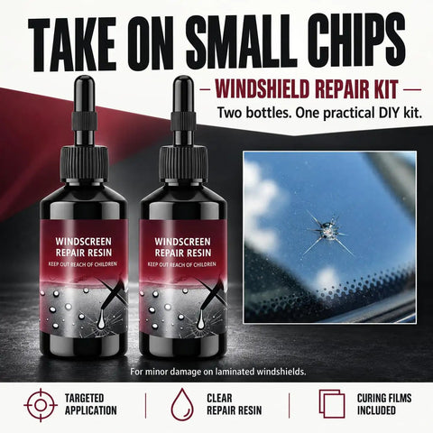 Windshield Crack Repair Kit 2 Pack Straight Up Solid Auto Glass Fix Tool That Smooths Out Chips Clean and saves serious bucks, showing two bottles of repair resin.