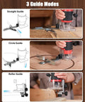 Beefy 630W Wood Router Tool With Fixed Base in use, showing three guide modes: straight, circle, and roller, for woodworking precision.