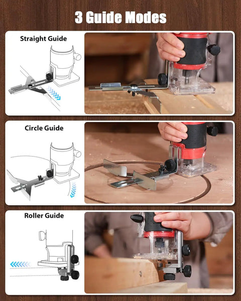 Beefy 630W Wood Router Tool With Fixed Base in use, showing three guide modes: straight, circle, and roller, for woodworking precision.