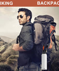 Man hiking with backpack showcasing beefy heavy duty locking carabiner clips 12kN aluminum 7075 for outdoor use