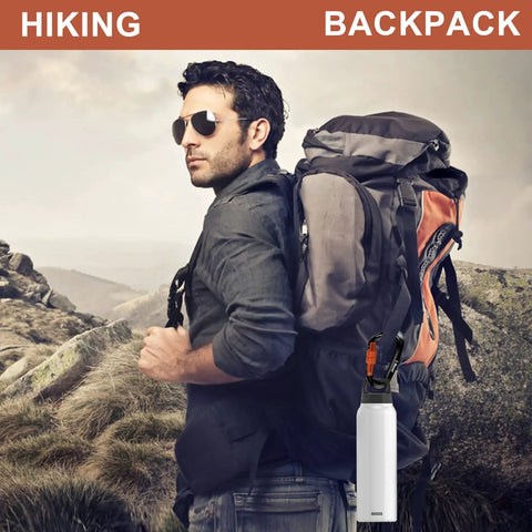 Man hiking with backpack showcasing beefy heavy duty locking carabiner clips 12kN aluminum 7075 for outdoor use