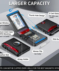 Smart Wallet For Men With AirTag Slot And RFID Blocking Minimalist Pop Up Aluminum Bifold Card Holder For 12 Or More Cards With ID Window Carbon Fiber Look A Dope Gift For Him showing compartments and features