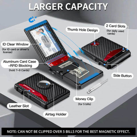Smart Wallet For Men With AirTag Slot And RFID Blocking Minimalist Pop Up Aluminum Bifold Card Holder For 12 Or More Cards With ID Window Carbon Fiber Look A Dope Gift For Him showing compartments and features