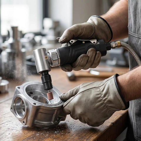 Rugged Air Angle Die Grinder 12000 RPM 90 Degree Right Angle Pneumatic Tool in use for precision grinding on metal part.