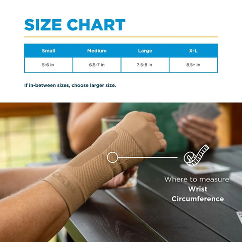 WS6 Compression Wrist Sleeve for Carpal Tunnel Relief and All-Day Pain Support size guide and wrist measurement demonstration