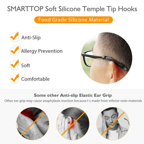 Person wearing Soft Silicone Eyeglasses Temple Tips Sleeve Retainer Anti Slip Comfort Glasses Retainers