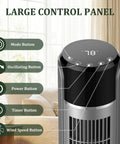 Ace Bladeless Tower Fan That Beats The Heat With Slick Indoor Cooling And Ultra Quiet Operation Featuring Five Speeds Sixty Degree Rotation Remote Control Settings And Led Display For Bedroom Or Home Office Chill Out Zones Control panel displaying buttons for mode, oscillation, power, timer, and wind speed.