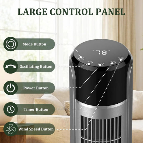 Ace Bladeless Tower Fan That Beats The Heat With Slick Indoor Cooling And Ultra Quiet Operation Featuring Five Speeds Sixty Degree Rotation Remote Control Settings And Led Display For Bedroom Or Home Office Chill Out Zones Control panel displaying buttons for mode, oscillation, power, timer, and wind speed.