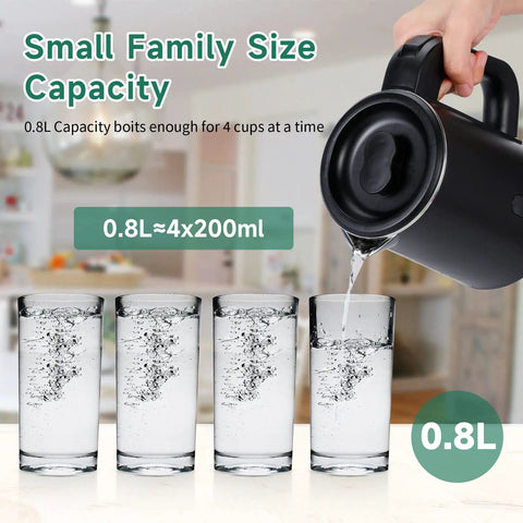 Portable Stainless Steel Electric Kettle 0.8L Mini Hot Water Boiler pouring into glasses, showing capacity.