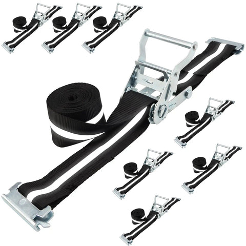 8 Pack 2 Inch By 15 Foot E Track Ratchet Straps With Reflective Webbing For Cargo Vans, Trailers And Containers, Heavy Duty Tie Downs With 4400 Lbs Break Strength And 1460 Lbs Safe Working Load, Built For Tough Load Security displayed