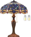 Blue Stained Glass Dragonfly Tiffany Style Table Lamp With Metal Base 16x16 Inch Shade And 24 Inch Tall Reading Light