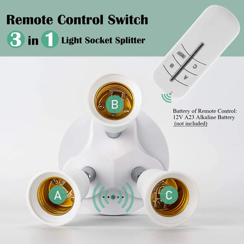 Remote Control 3 In 1 Light Socket Splitter E26 E27 Adapter with remote showing triple socket setup for LED bulbs.