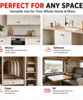 Four images showing uses for Six Pack No Drill Magnetic Cabinet Door Catch With Adhesive Magnets in kitchen, bathroom, closet, RV.