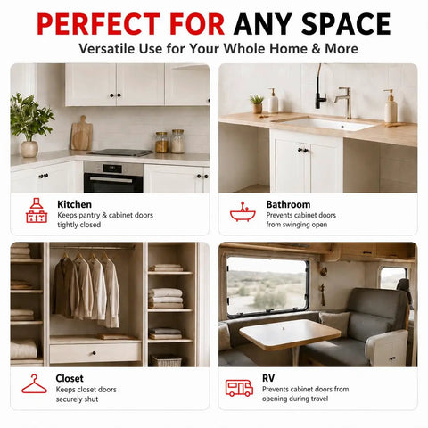 Four images showing uses for Six Pack No Drill Magnetic Cabinet Door Catch With Adhesive Magnets in kitchen, bathroom, closet, RV.
