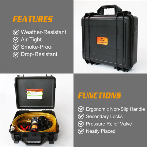 No Sweat 12V 75W Electric Gas Fuel Transfer Pump Set Workhorse Grade features tough black case and organized components.