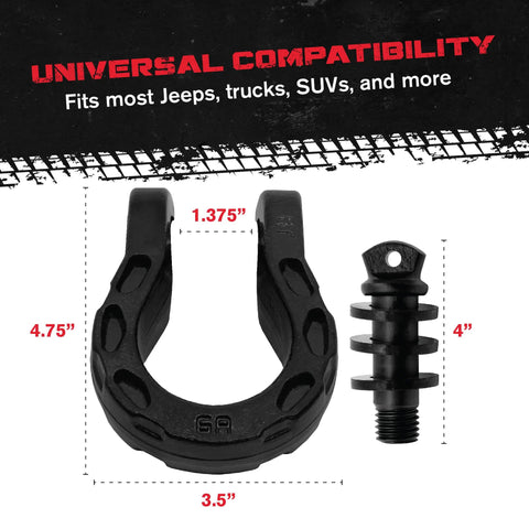 Off Road Recovery D Ring Tow Shackles For Heavy Duty Towing, 68,000 Lb Capacity, highlighted dimensions and compatibility