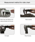Digital caliper measuring roller chain pitch, diameter, pin length, and plate thickness for precise roller chain assessment.