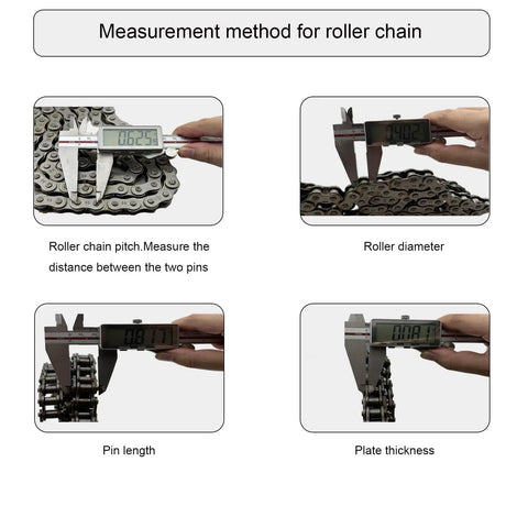 Measurement methods for roller chain pitch, roller diameter, pin length, and plate thickness using calipers.