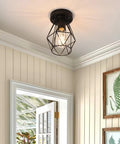 2-Pack Semi Flush Mount Ceiling Light Set In Industrial Black, Hollow Metal Cage Pendant Fixtures for Hallways, Kitchens, Porches and Bedrooms