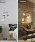 Industrial Floor Lamp With Mason Jar Shade 64 Inch Tall Black Standing Lamp 3 Light Vintage Tree Design in living room off and on