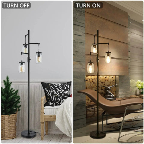 Industrial Floor Lamp With Mason Jar Shade 64 Inch Tall Black Standing Lamp 3 Light Vintage Tree Design in living room off and on