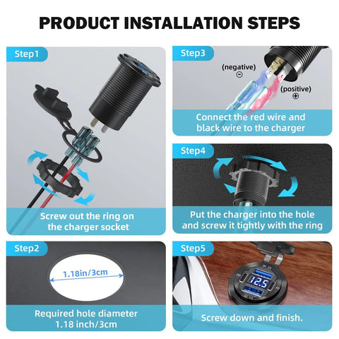 Installation steps for Tailgate Tested 2 Pack 12V Usb Outlet With 4 Port Pd And Qc Fast Charging Aluminum Housing.