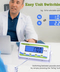 Beefy 440 Lb Capacity Extra Wide Medical Scale With Bariatric Use, digital display showing unit conversion options.