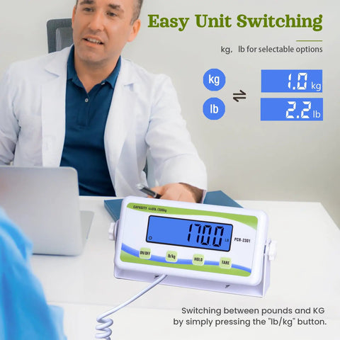 Beefy 440 Lb Capacity Extra Wide Medical Scale With Bariatric Use, digital display showing unit conversion options.