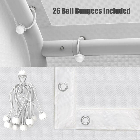 Close-up of poly fabric canopy with ball bungees, part of 10 By 20 Ft Waterproof Carport Canopy Cover For Tent And Garage Shelter.