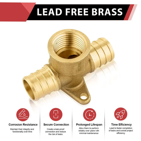 10-Pack PEX Drop-Ear Tee Fittings Three Quarters Inch by Three Quarters Inch by One Half Inch Female NPT Brass Crimp Fits All PEX Brands