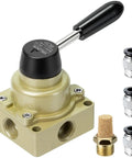Rotary Lever Hand Valve HV-04 For Pneumatic Systems, 3 Position 4 Way, 1/2 Inch NPT Inlet Outlet, showing valve and accessories