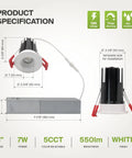Two-Inch Recessed Led Lights With Junction Box For No Sweat Install Smooth Glow Dimmable Downlights Adjustable Color Temperature Ic Rated Round White Trim High Cri 90 120V To 277V Real Deal 18 Pack specification image showing sizes and features.