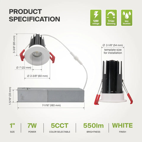 Two-Inch Recessed Led Lights With Junction Box For No Sweat Install Smooth Glow Dimmable Downlights Adjustable Color Temperature Ic Rated Round White Trim High Cri 90 120V To 277V Real Deal 18 Pack specification image showing sizes and features.