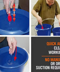 Hands-Off Manual Siphon Pump That Gets The Job Done Fast, transferring water between blue buckets, demonstrating shake activation.