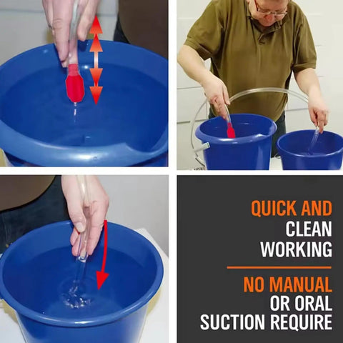 Hands-Off Manual Siphon Pump That Gets The Job Done Fast, transferring water between blue buckets, demonstrating shake activation.