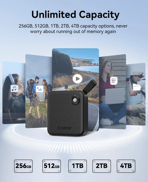UltraFast 256GB External SSD with 2 in 1 USB C Cable displayed among digital content symbols showing various storage capacities
